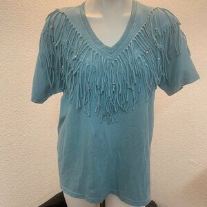 Ever Blue cotton fringe top with beads size L teal great condition
